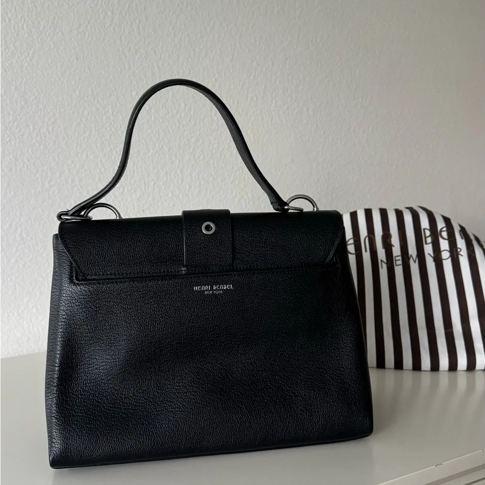 Henri Bendel Black Riverside Leather Handbag Satchel Silver Buckle - Picture 3 of 12